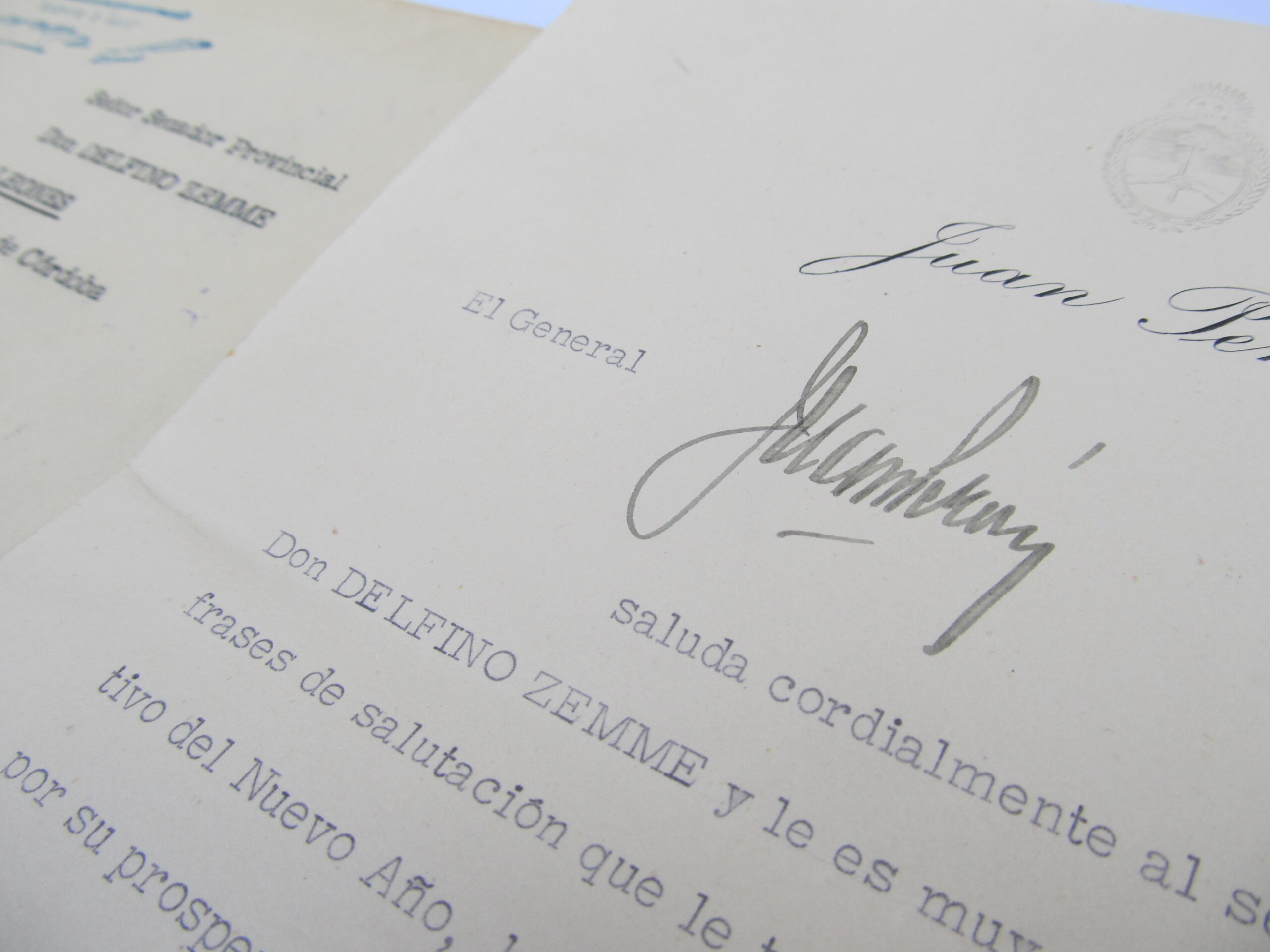 Detalle de carta firmada por el presidente Perón, dirigida al senador Delfino Zemme. Colección MuHLI.